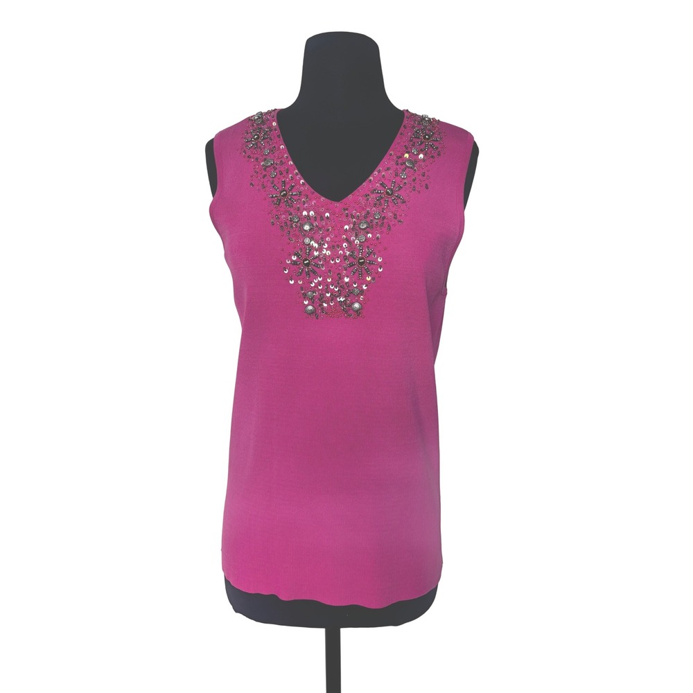 Laura Ashley Beaded‎ Top Sleeveless Knit Embellished Party Blouse M